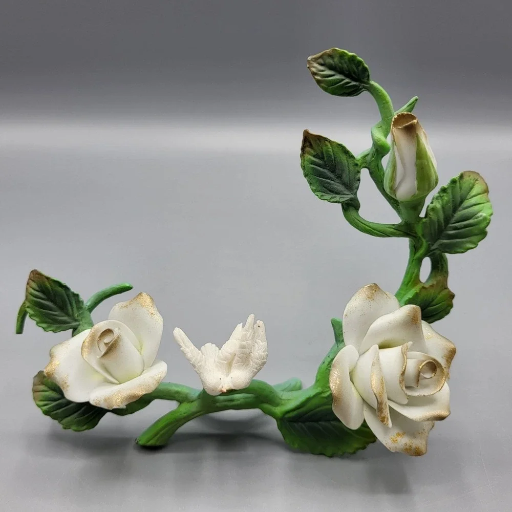 Vintage Metal And Porcelain Floral Figurine White Dove Shelf Decor